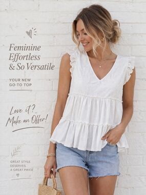 Crown & Ivy Size LWhite Eyelet Ruffle Babydoll Tank Top Cottagecore Blouse